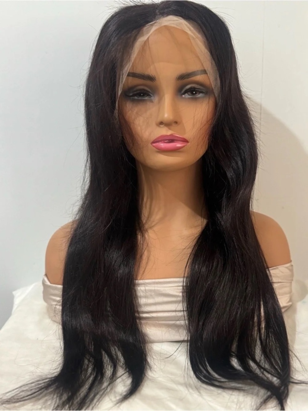 100% Human Hair Black Lace Front Wig Long Straight Center Part